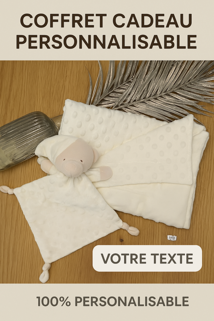 Coffret Couverture à bulles + Doudou ourson blanc cassé personnalisable – Image 4