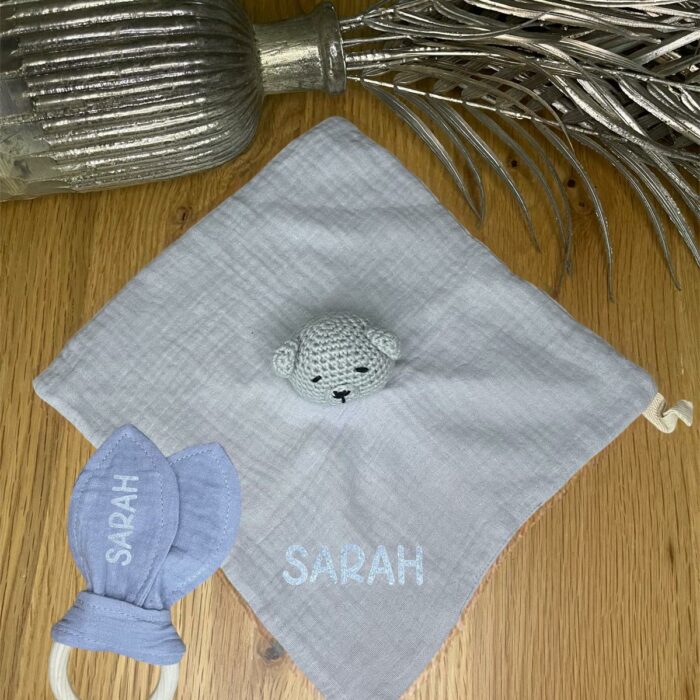 Coffret doudou + hochet gris personnalisable