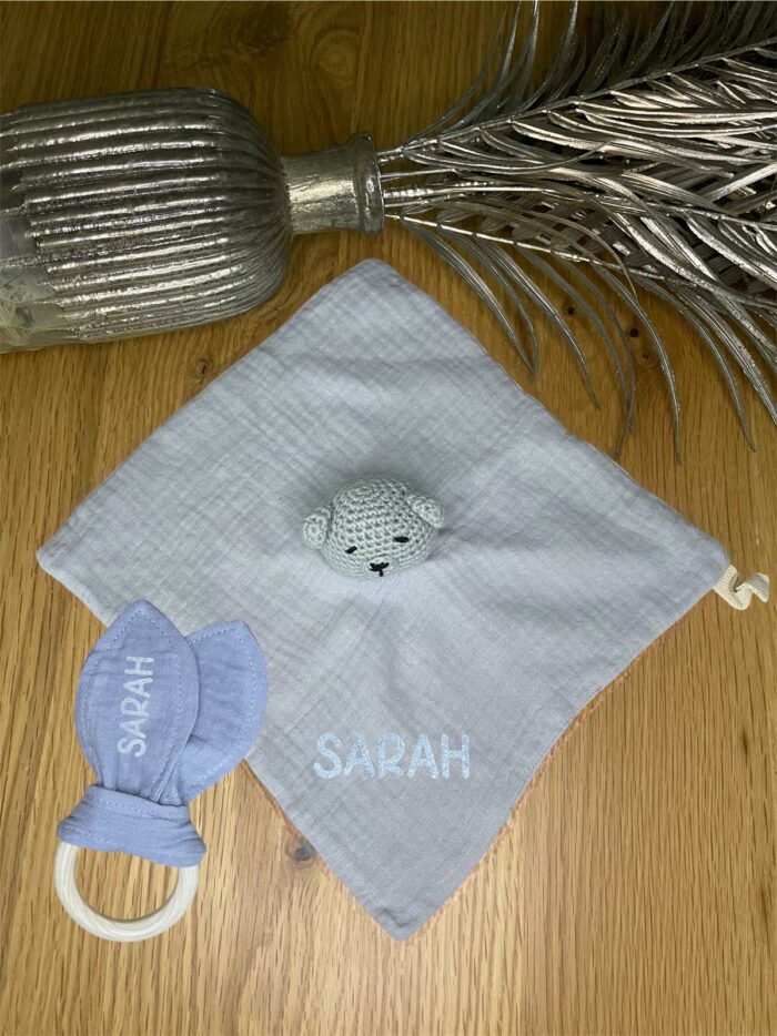 Coffret doudou + hochet gris personnalisable